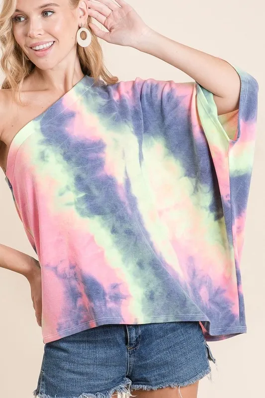 Tie Dye French Terry One Shoulder Top with Dolman, image 3