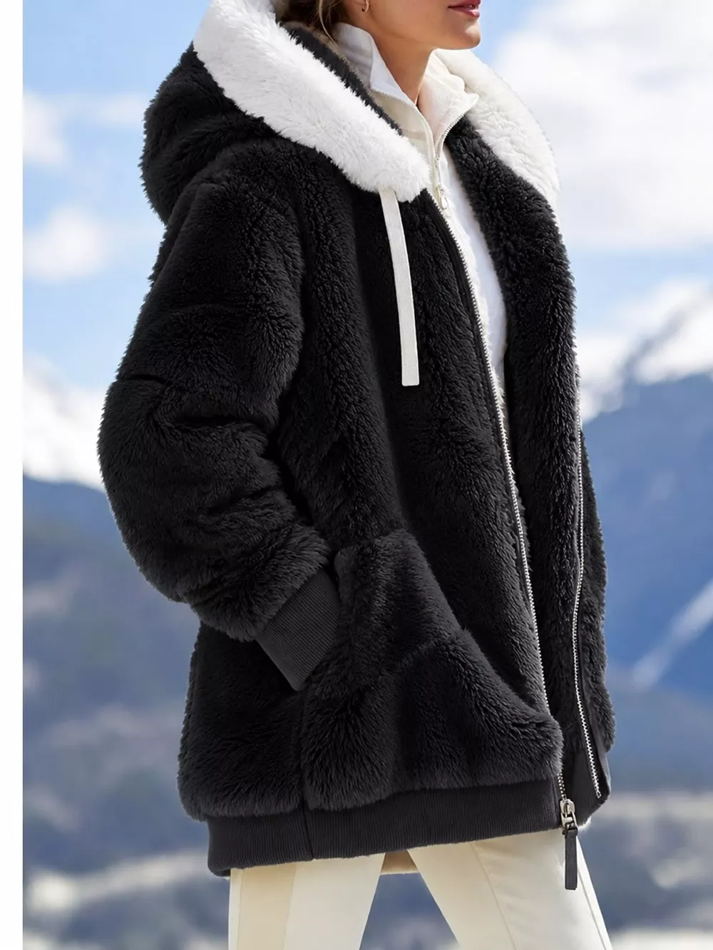 Full Size Faux Fur Zip Up Hooded Outerwear Plus Size, image 8