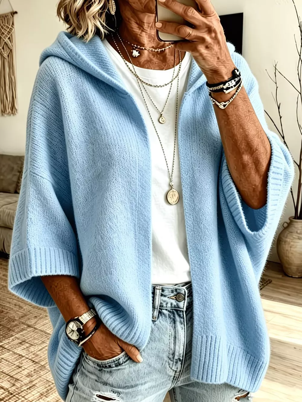 Full Size Hooded Open-Front Knit Cardigan Plus Size, image 6