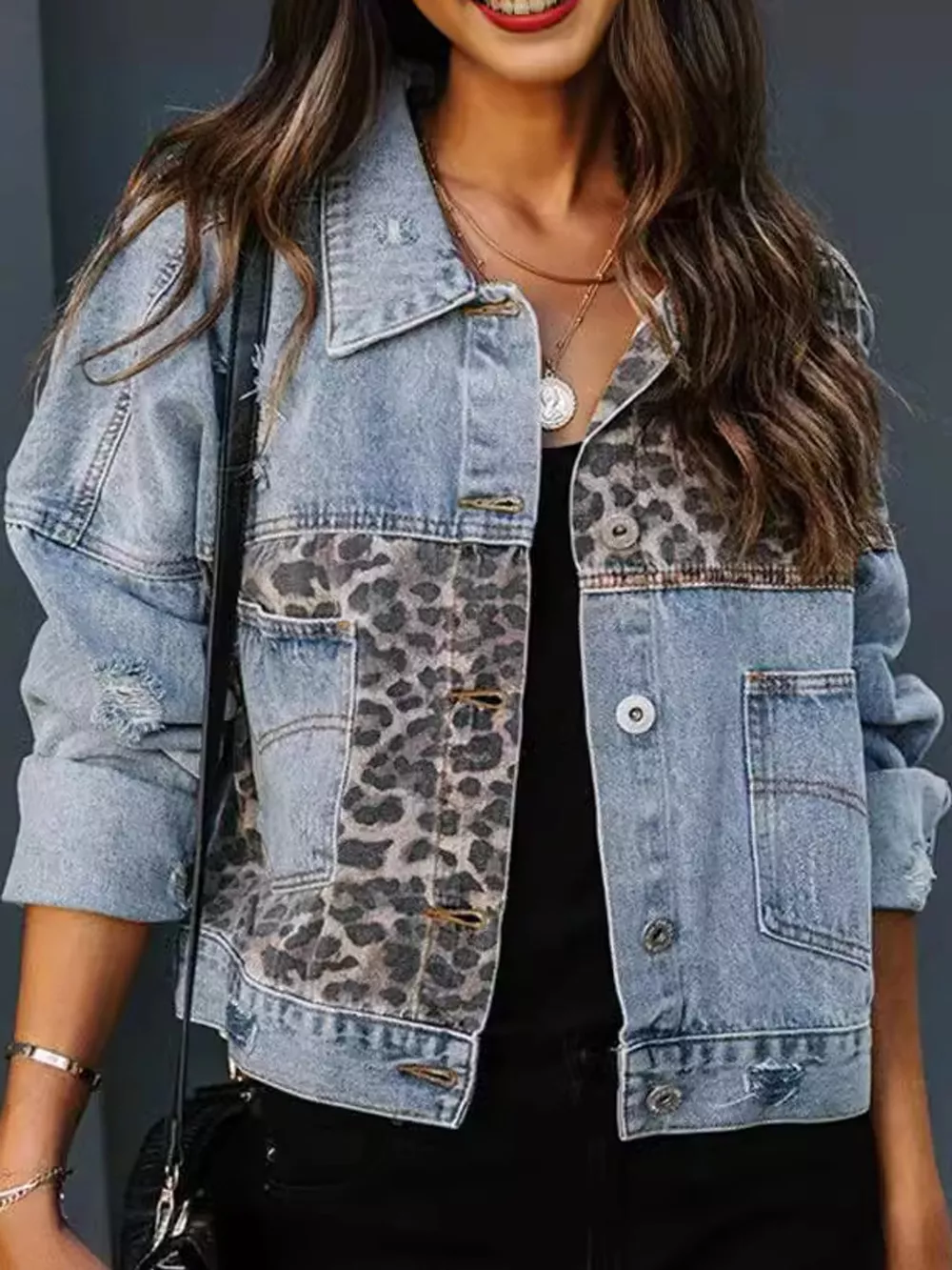 Full Size Distressed Leopard Dropped Shoulder Denim Jacket Plus Size, image 5