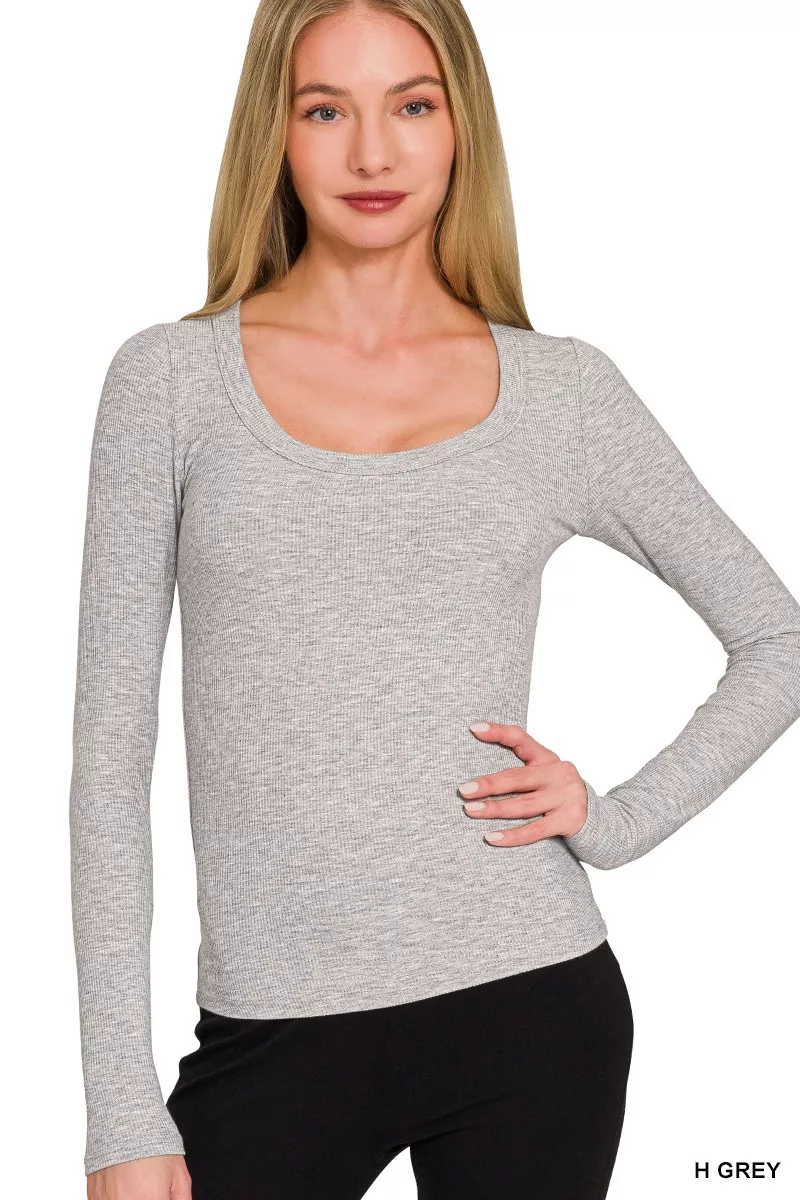 Ribbed Boat Neck Long Sleeve T-Shirt