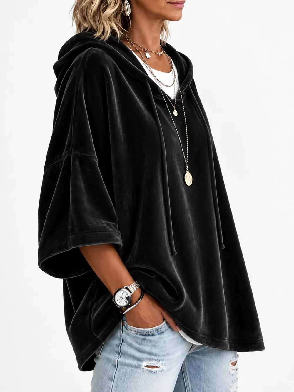 Full Size Velvet Half Sleeve Hoodie with Drawstring Plus Size, image 3