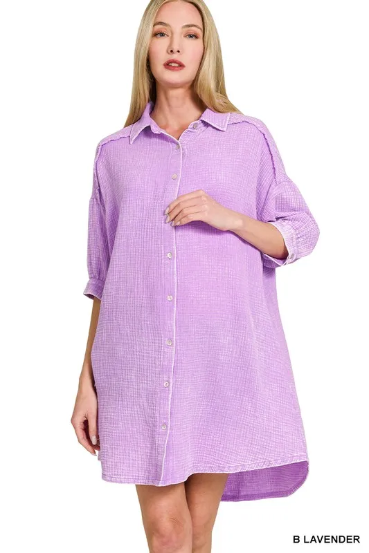 Washed Double Gauze Button Down Shirt Dress