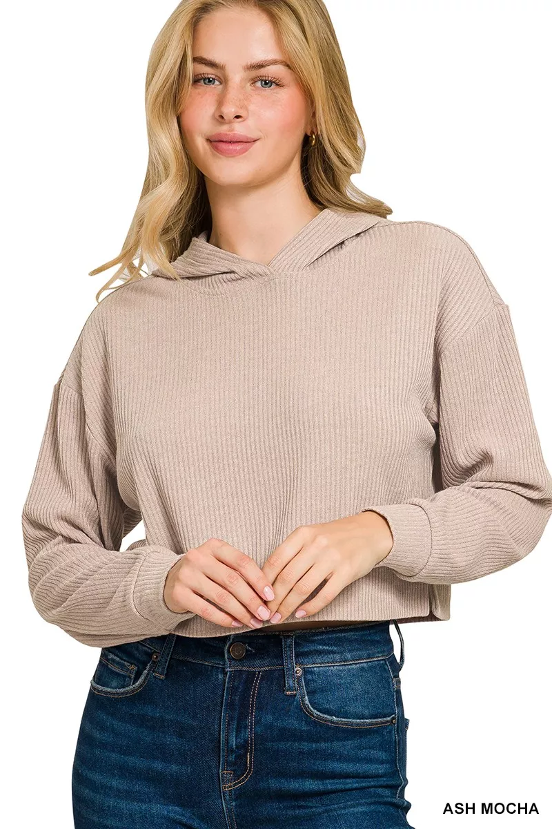 Drop Shoulder Ribbed Crop Hoodie, image 2