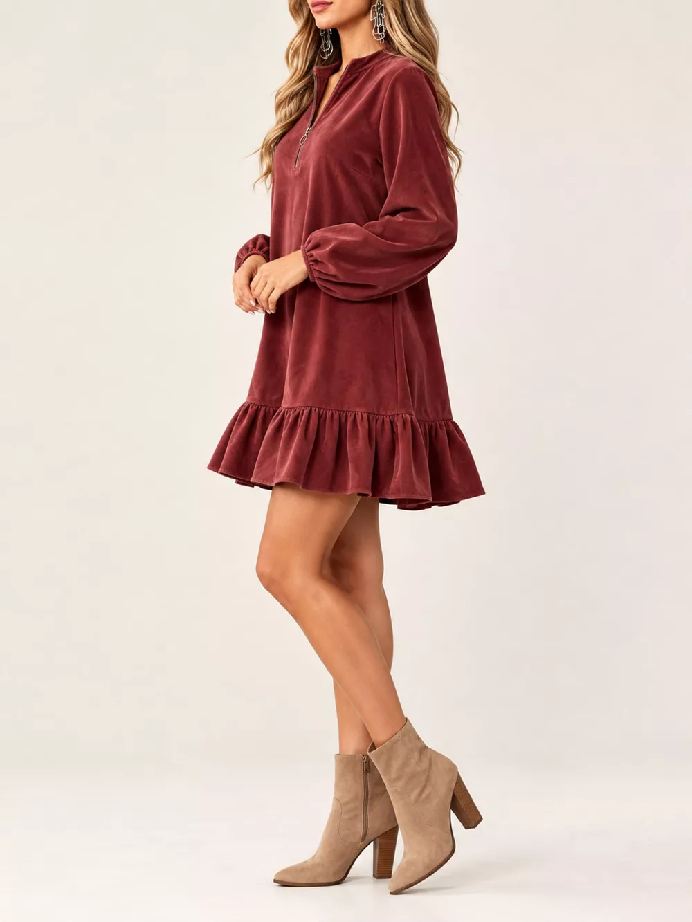 Quarter-Zip Ruffle Hem Mini Dress, image 7