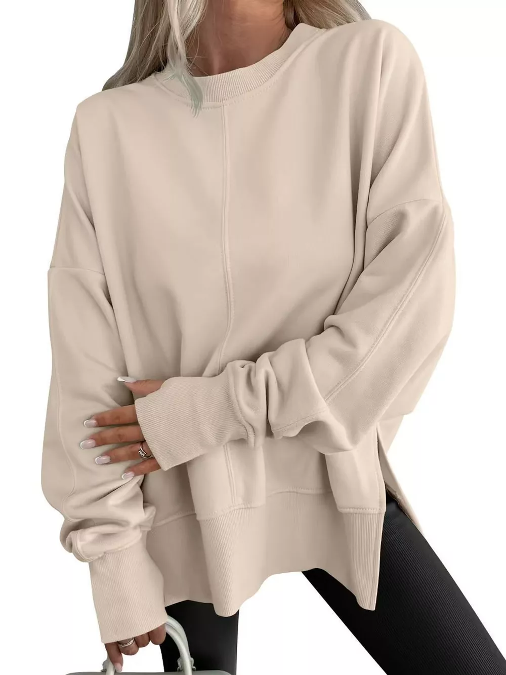 Oversized Crew Neck Sweatshirt with Side Slit, image 41