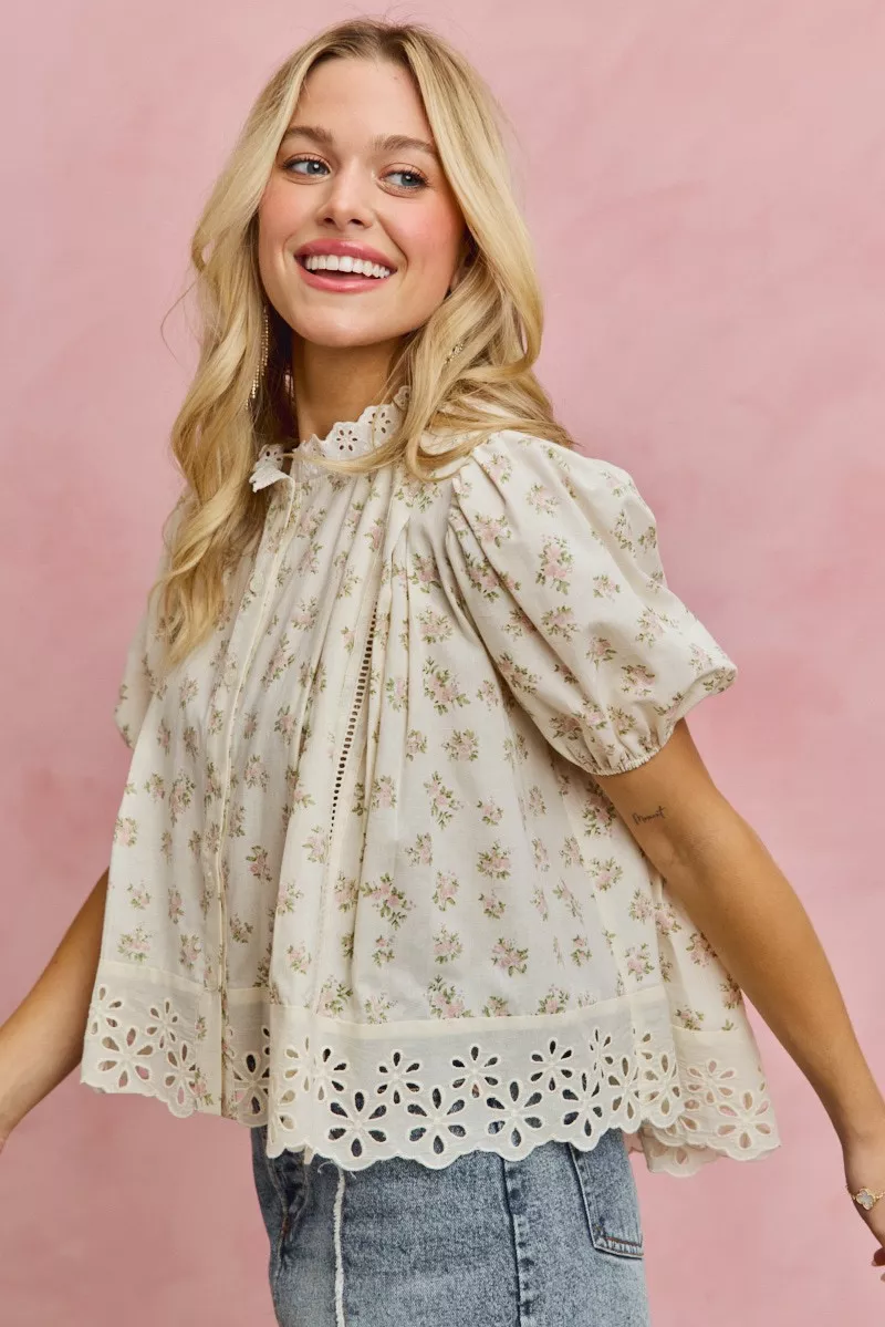 Floral Print Lace Trim Short Sleeves Blouse, image 5