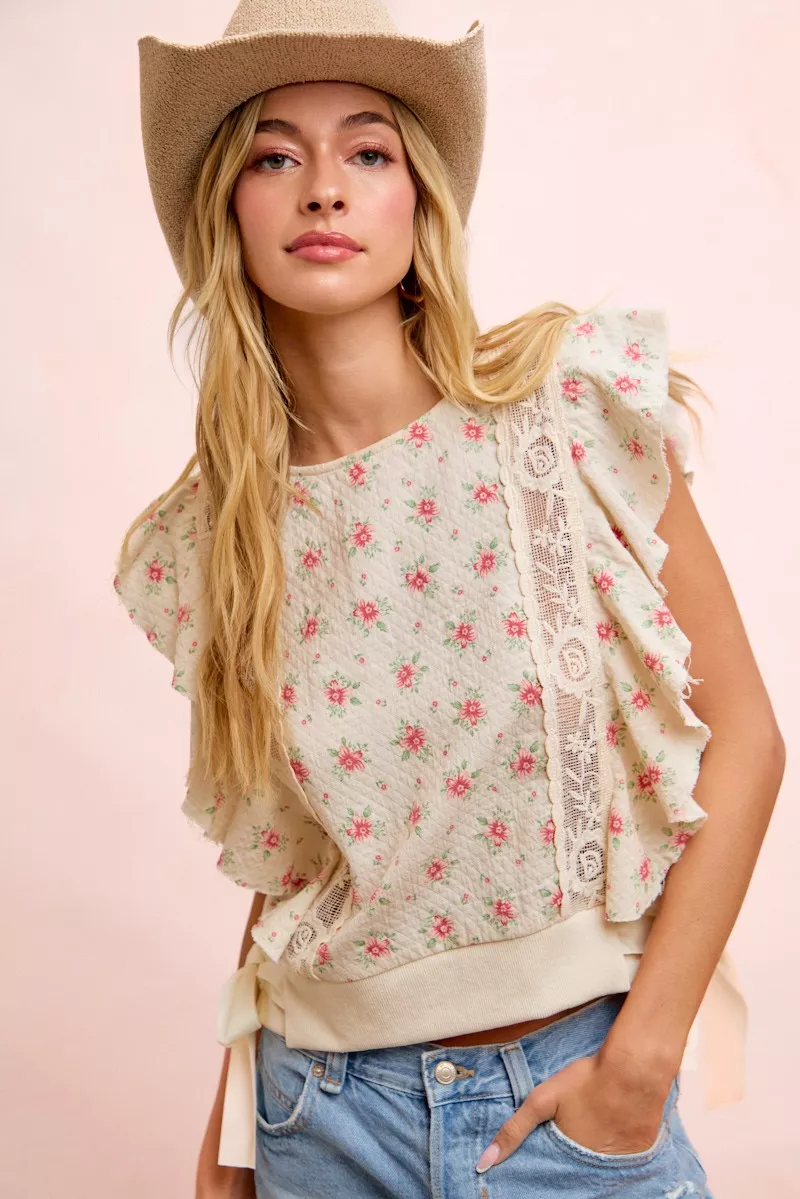 BiBi Flower Printed Ruffle Sleeve Trim Detail Top, image 37