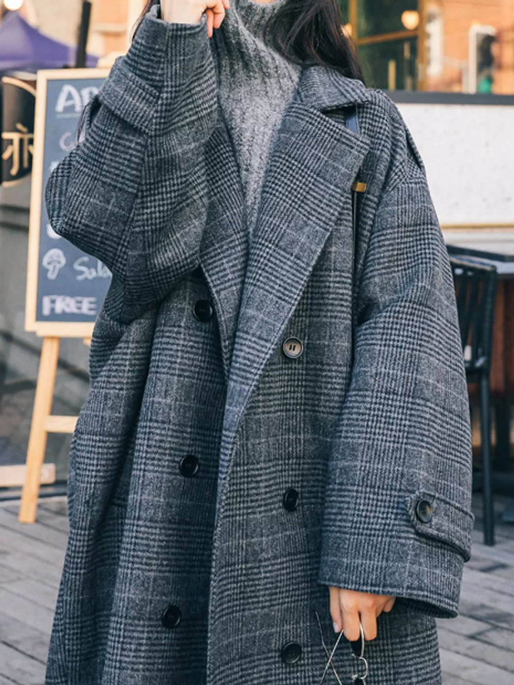 Plaid Double-Breasted Longline Overcoat, image 2