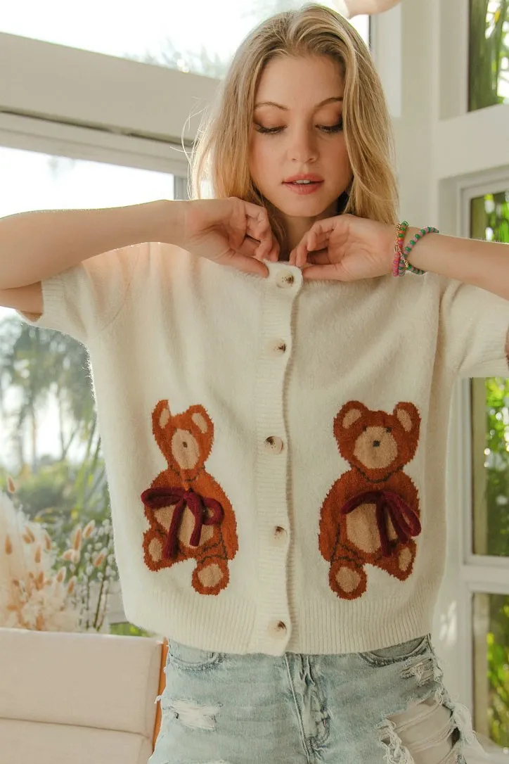 Teddy Bear With Bow Patched Sweater Button Down Top, image 6