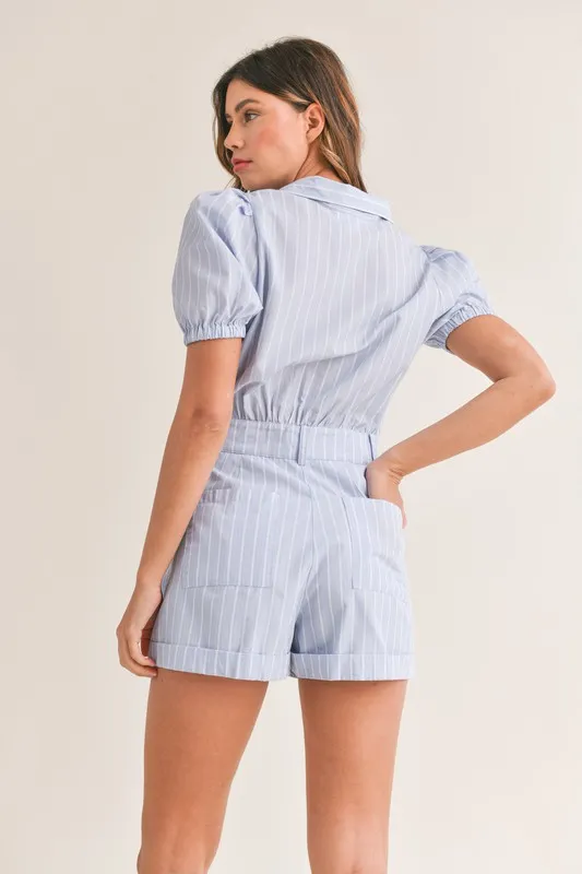 Striped Puff Sleeve Collared Neck Romper, image 3