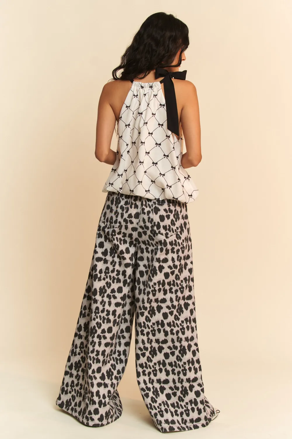 Ribbon Checker Printed Tie Halter Neck Blouse Top, image 10