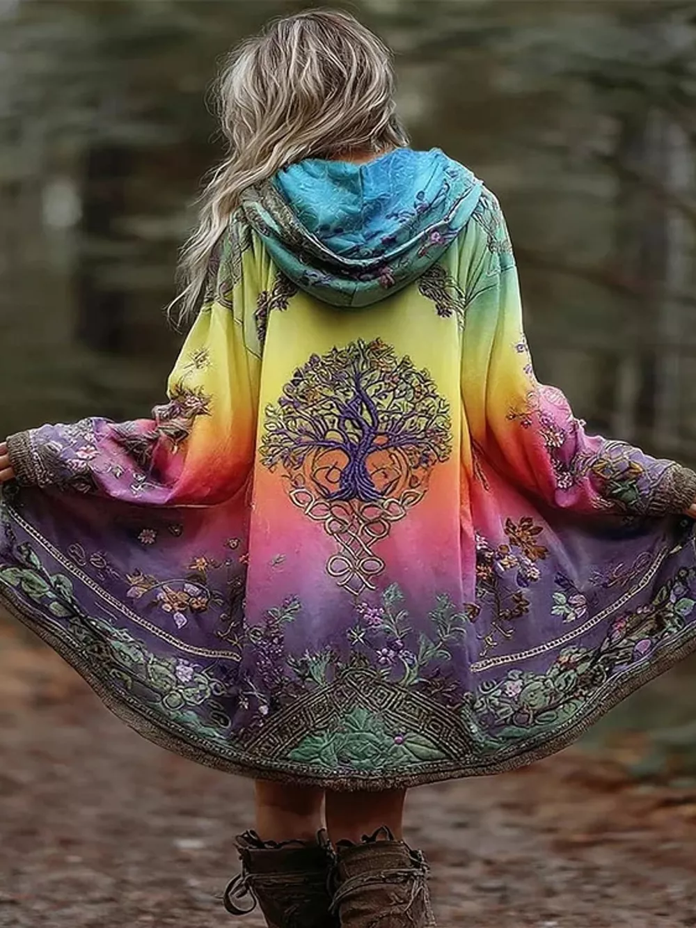 Full Size Tree Graphic Back Hooded Outerwear Plus Size, image 7