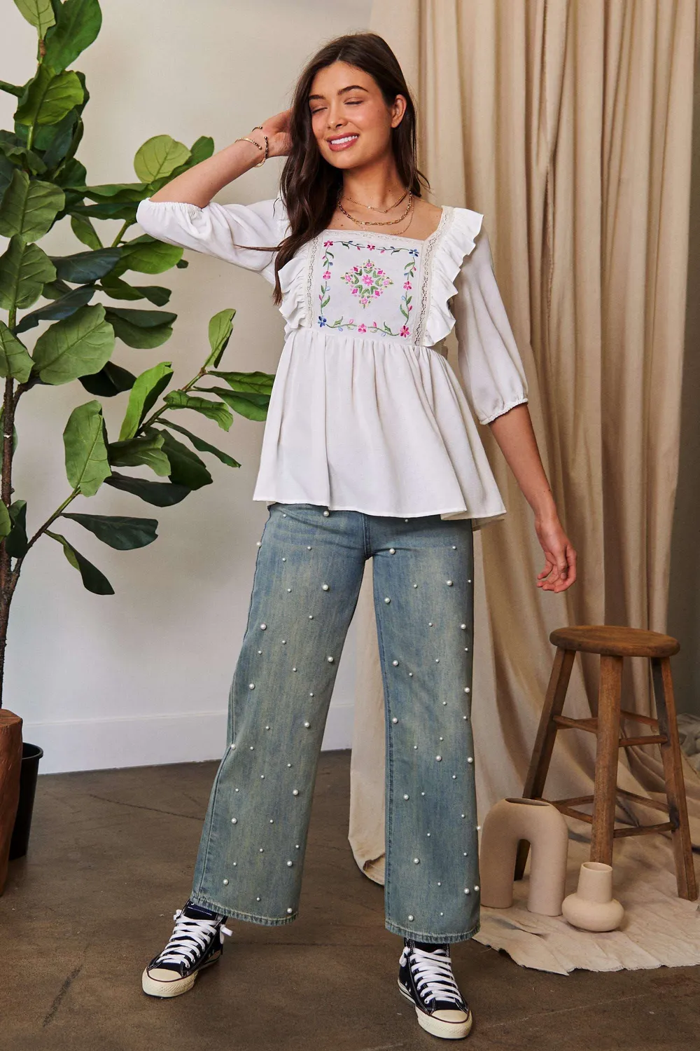 Texture Tie Back Floral Embroidery Frill Blouse, image 9