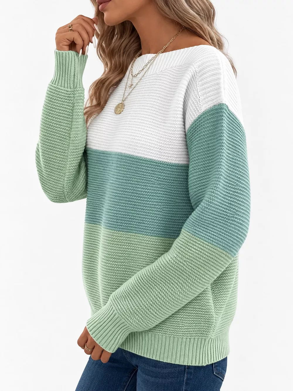 Full Size Color-Block Boat Neck Sweater Plus Size, image 21