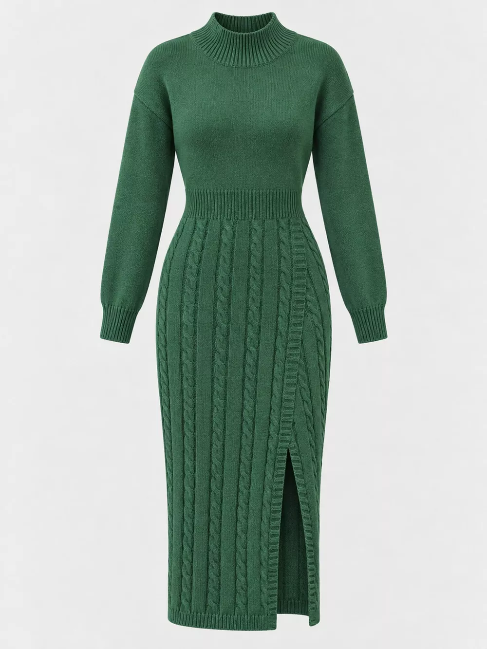 Full Size Mock Neck Cable Knit Sweater Dress with Front Slit Plus Size, image 29