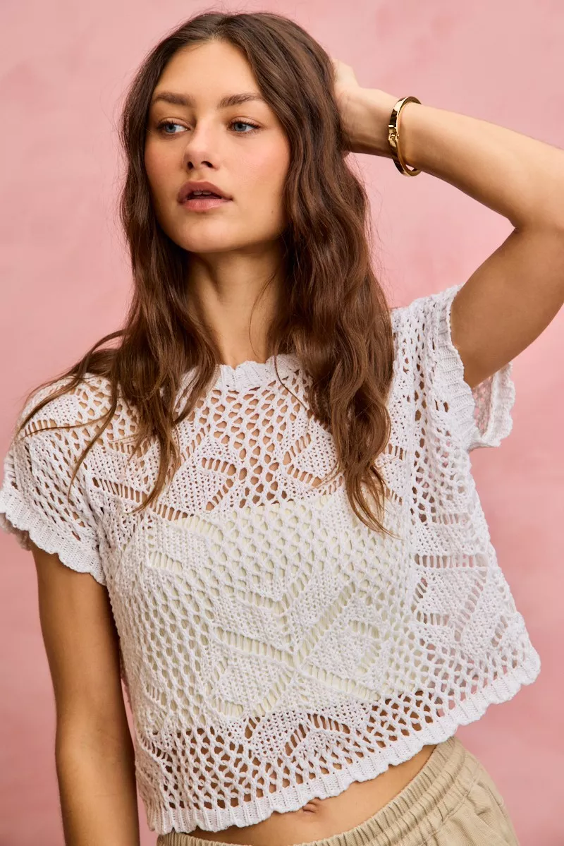 Crochet Scallop Edge Short Sleeves Knit Cover Up, image 14