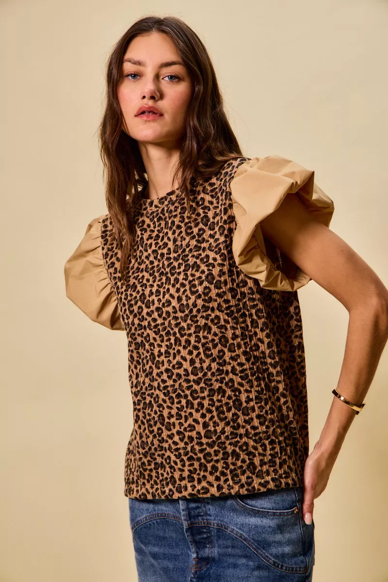Leopard Pointelle Knit Top with Puff Sleeves, image 10