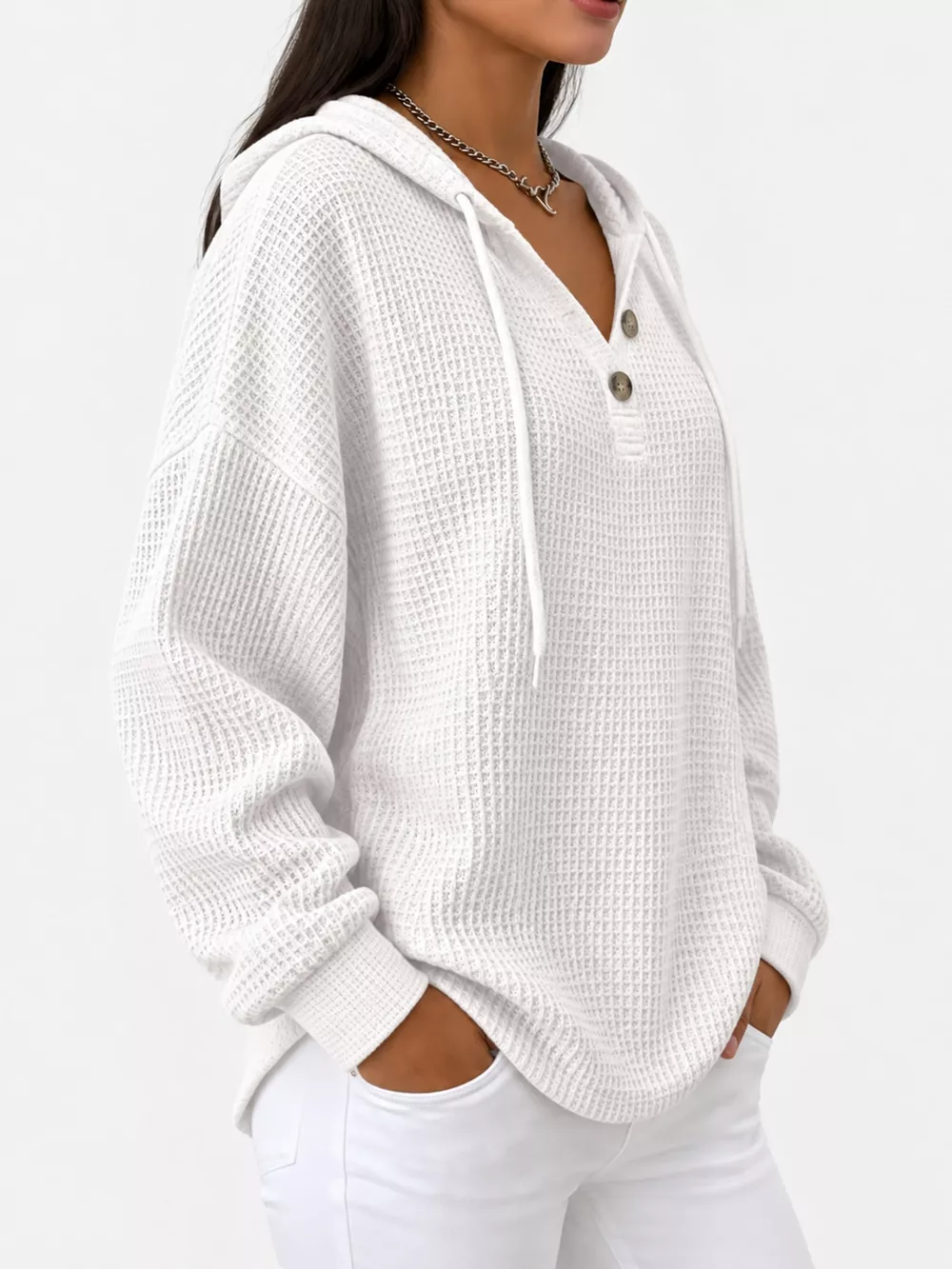 Full Size Waffle Knit Button Detail Hoodie Plus Size, image 2