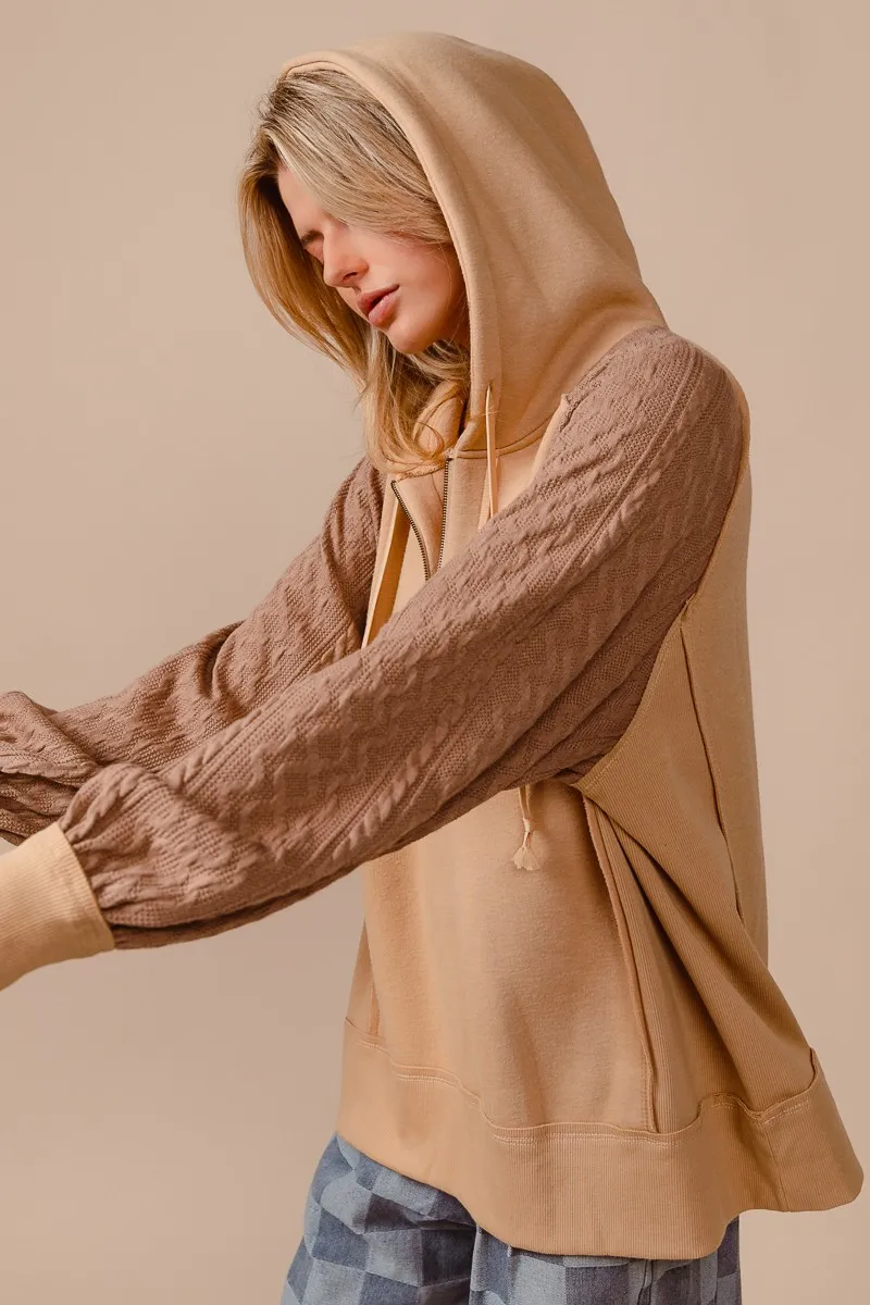 Half Zip French Terry Hoodie with Kint Sleeves, image 9