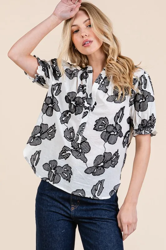 Embroidered Split Neck Puff Sleeve Blouse, image 10