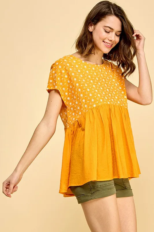Embroidered Short Sleeve Pleated Babydoll Top, image 7