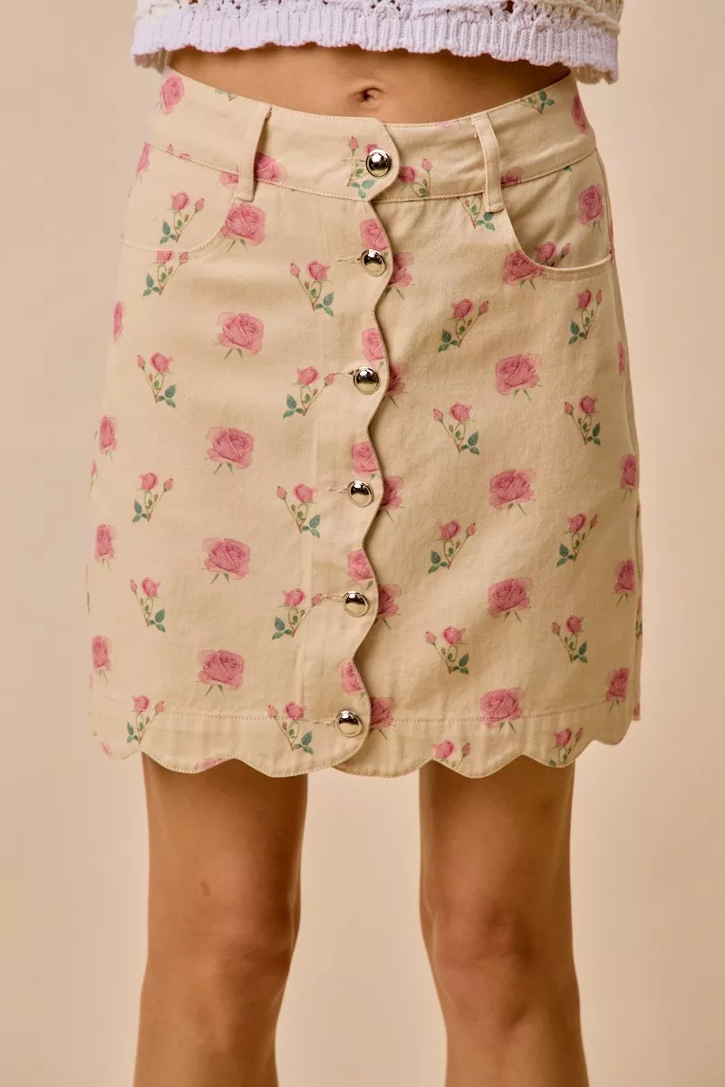 Floral Rose Print Cotton Twill Scallop Mini Skirt, image 11