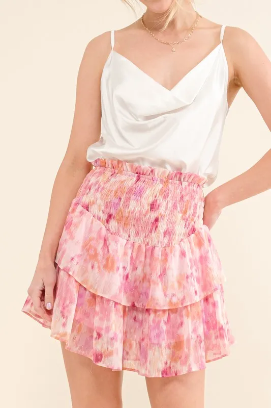 Printed Lurex Smocked Waist Tiered Skort, image 4