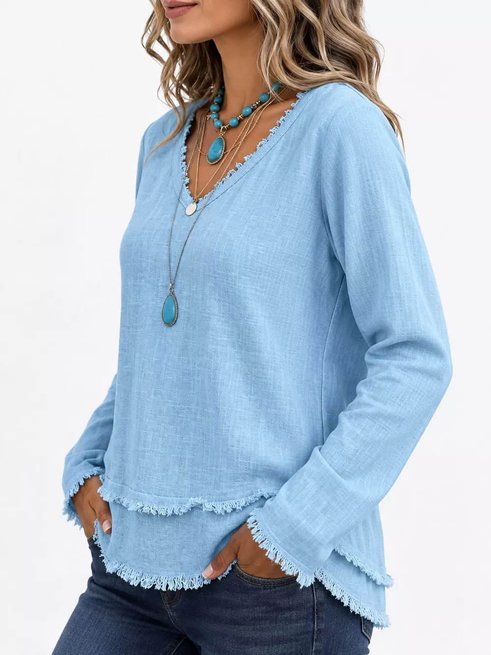 Full Size Frayed Hem V-Neck Long Sleeve Blouse Plus Size, image 12