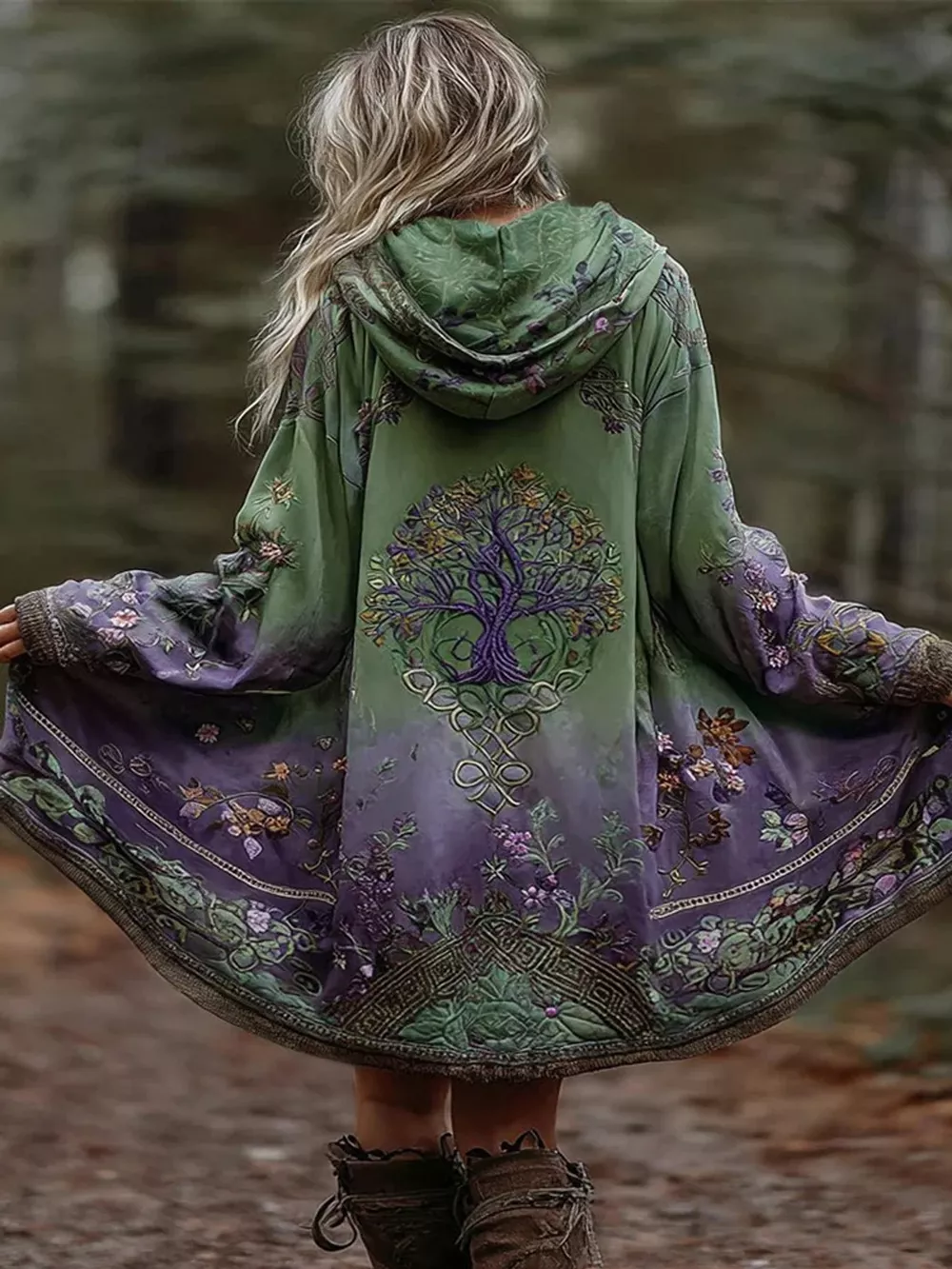 Full Size Tree Graphic Back Hooded Outerwear Plus Size, image 5