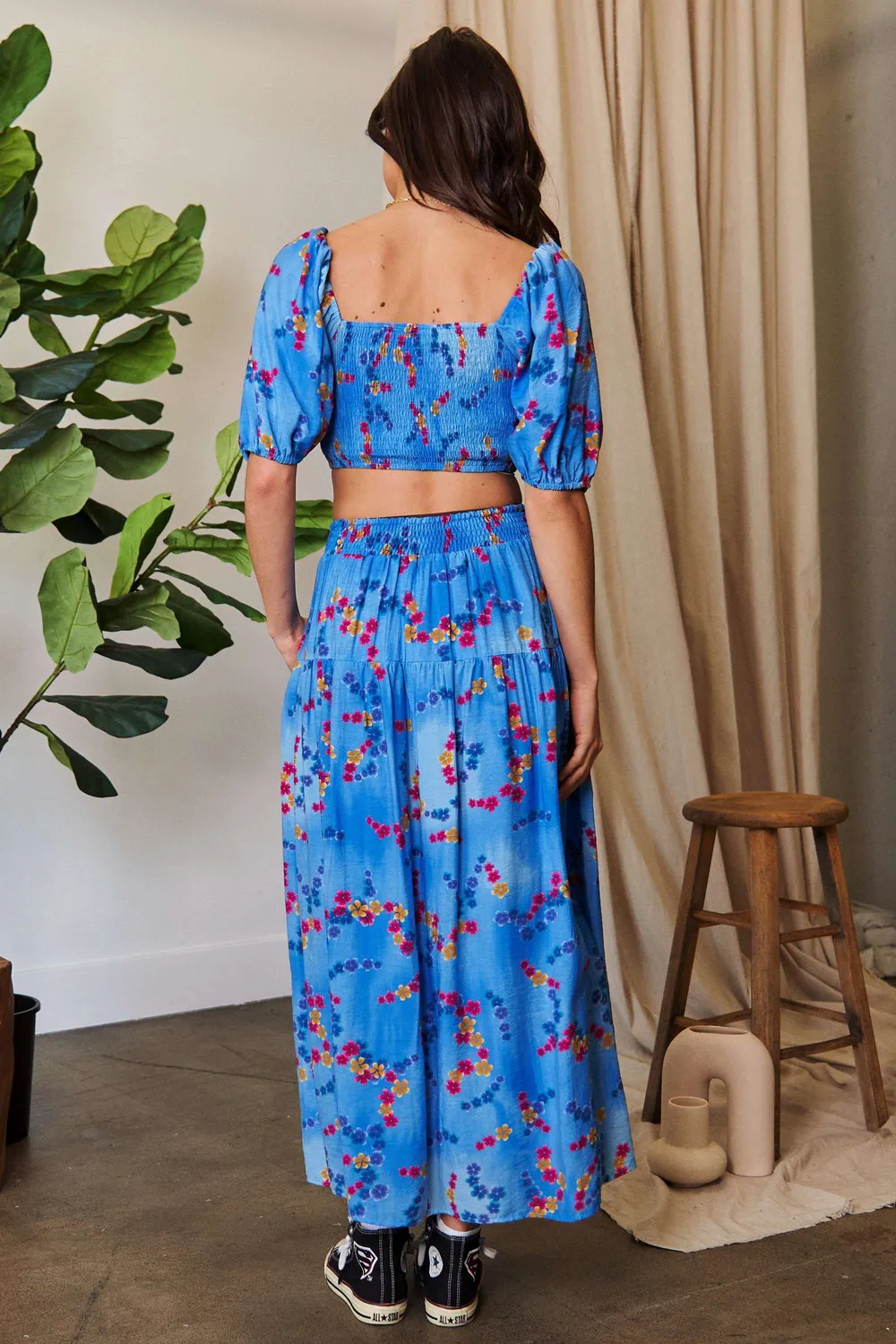 Smocing Bodice Puff Short Sleeve Printed Crop Top, image 8