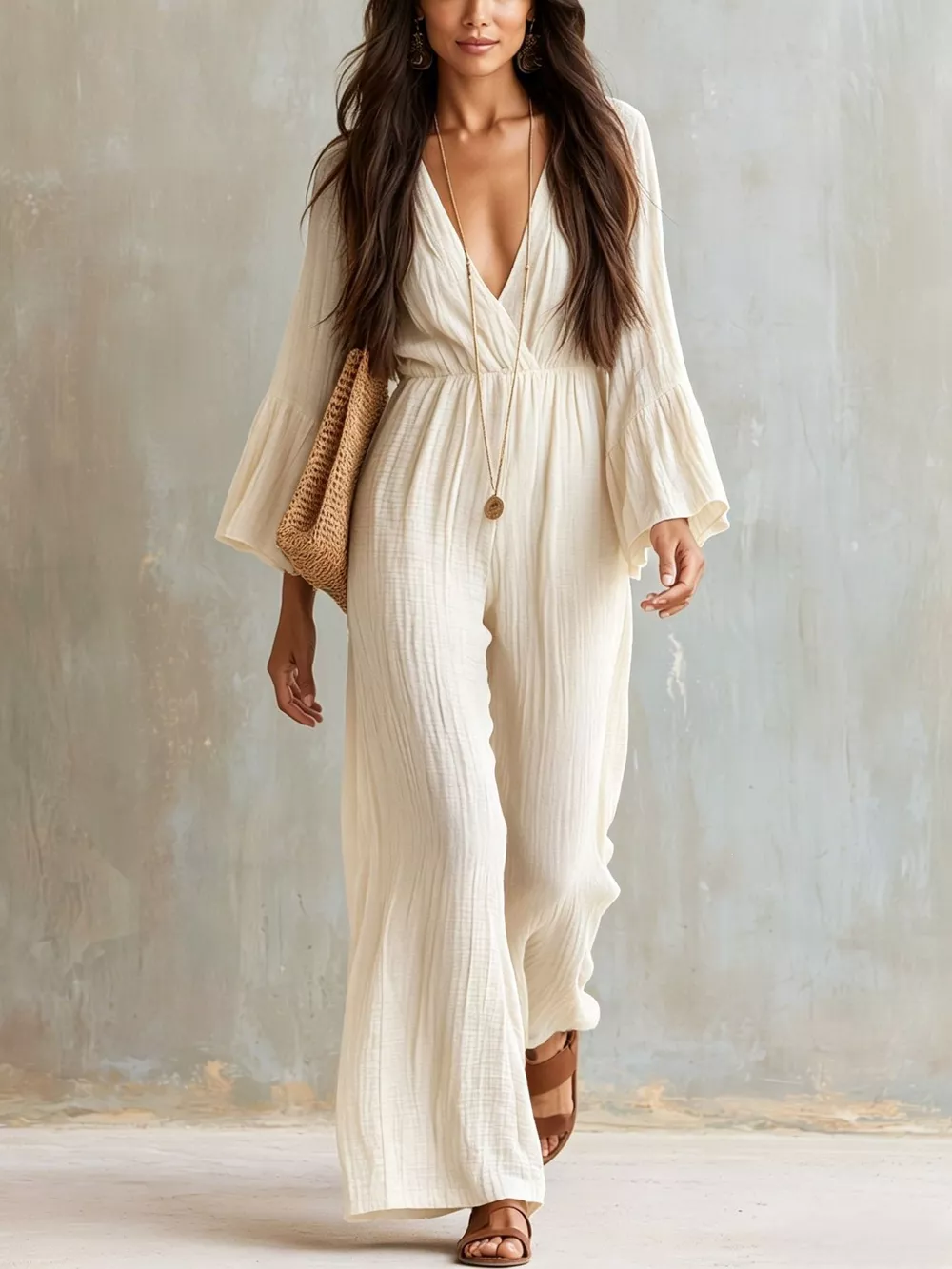 Textured Flare Sleeve Jumpsuit, image 3