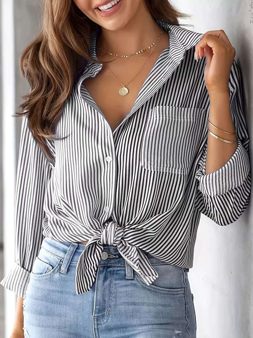 Full Size Striped Button-Down Long Sleeve Shirt Plus Size, image 16