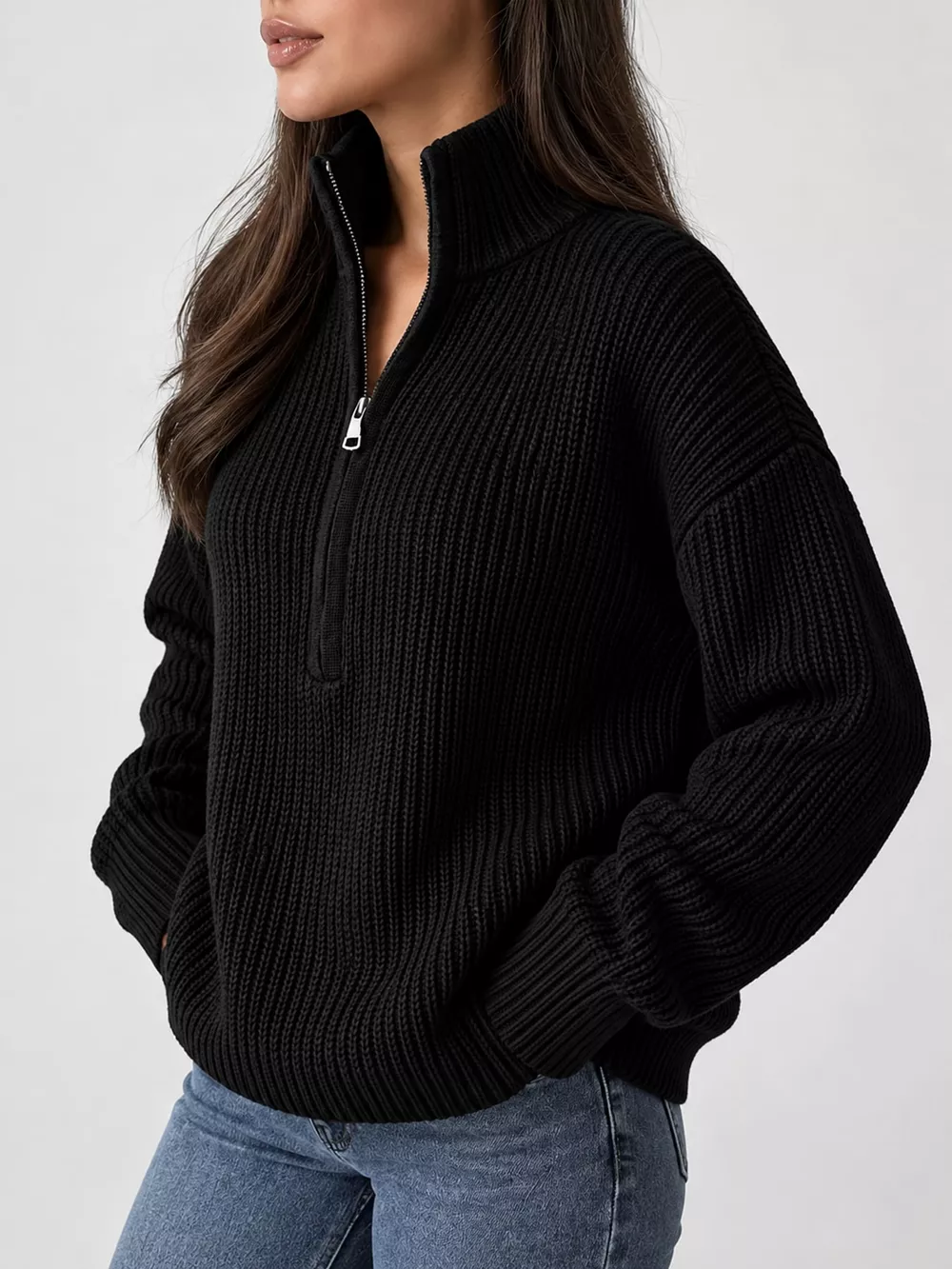 Full Size Half Zip Dropped Shoulder Sweater Plus Size, image 13