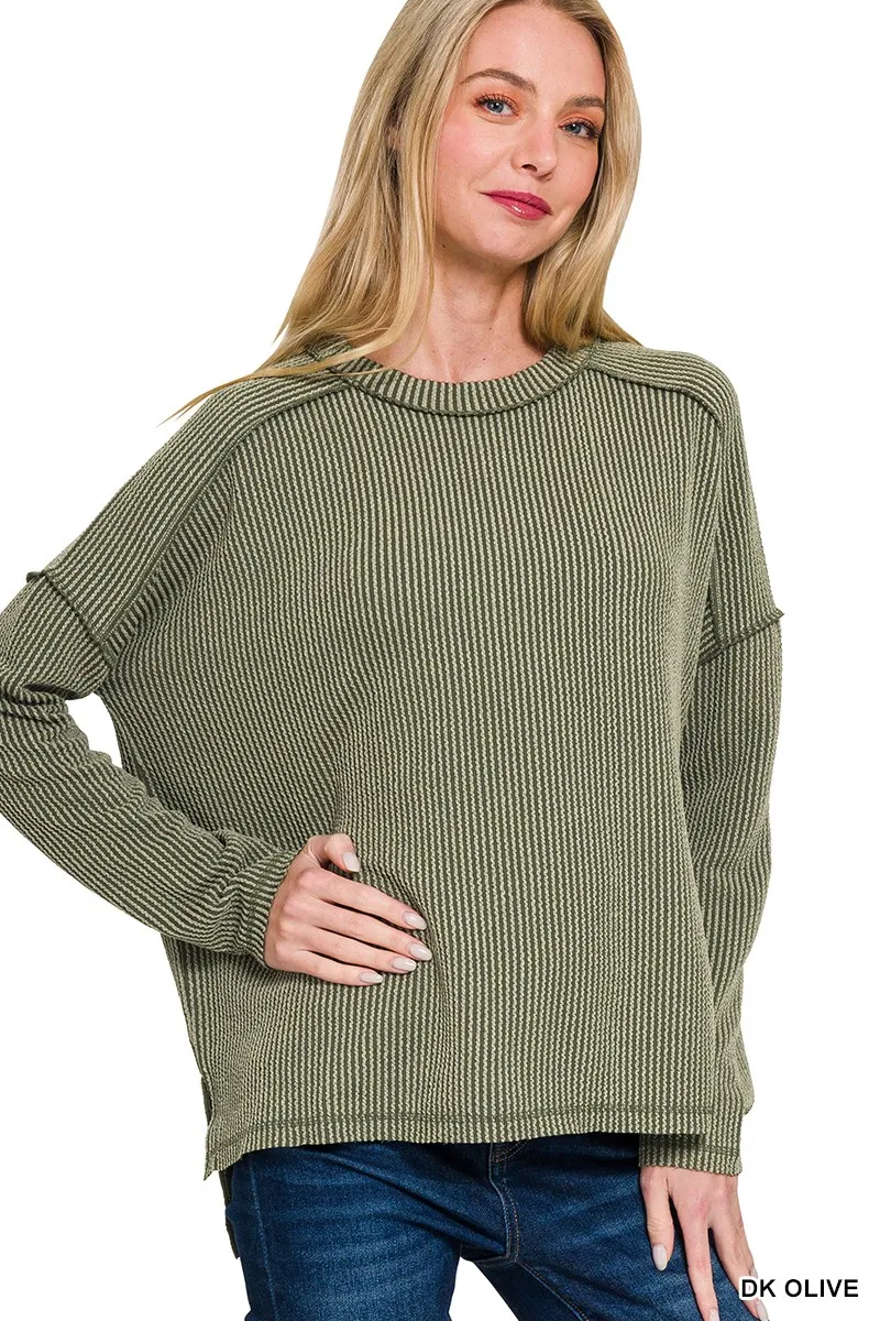 Full Size Exposed Seam Long Sleeve Corded Rib Knit Top Plus Size