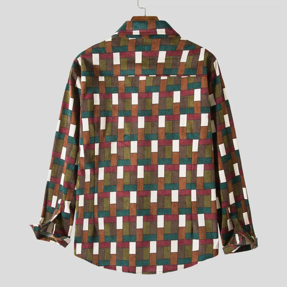 Men's Plus Size Geometric Checkered Casual Button-Up Shirt, image 2