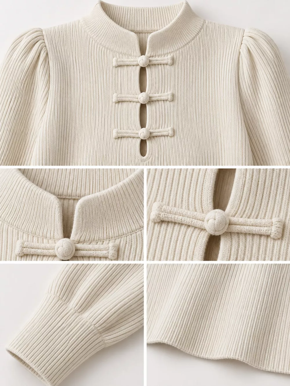 Chinese-Style Button Ribbed Knit Top, image 6