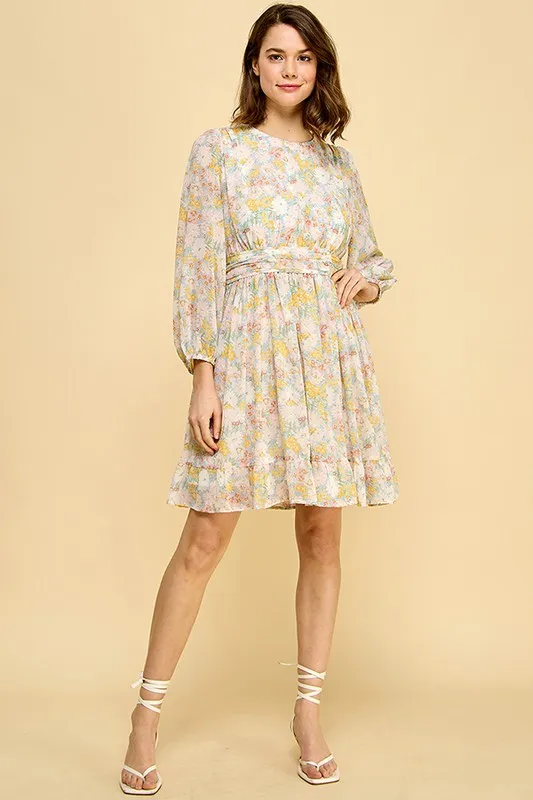 Chiffon Floral Print Belted Dress with Back Zipper, image 7