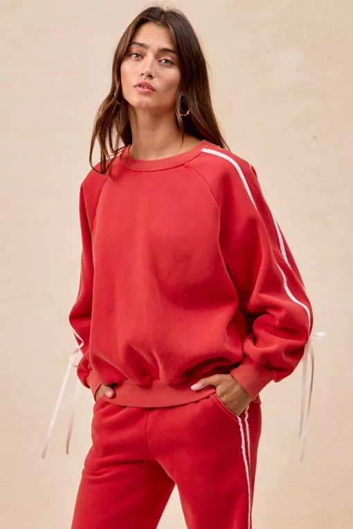 Side Lined Bow Details Fleece Sweatshirt, image 8