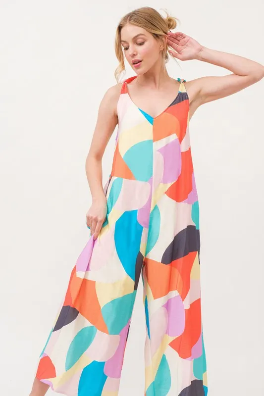 Tied Shoulder Straps Wide-Leg Geo Print Jumpsuit, image 9