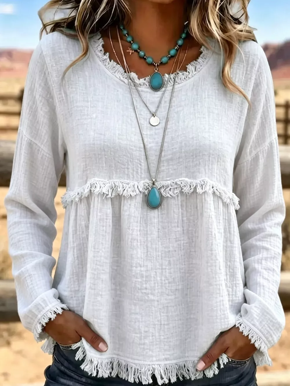Full Size Frayed Hem Textured Blouse Plus Size, image 11