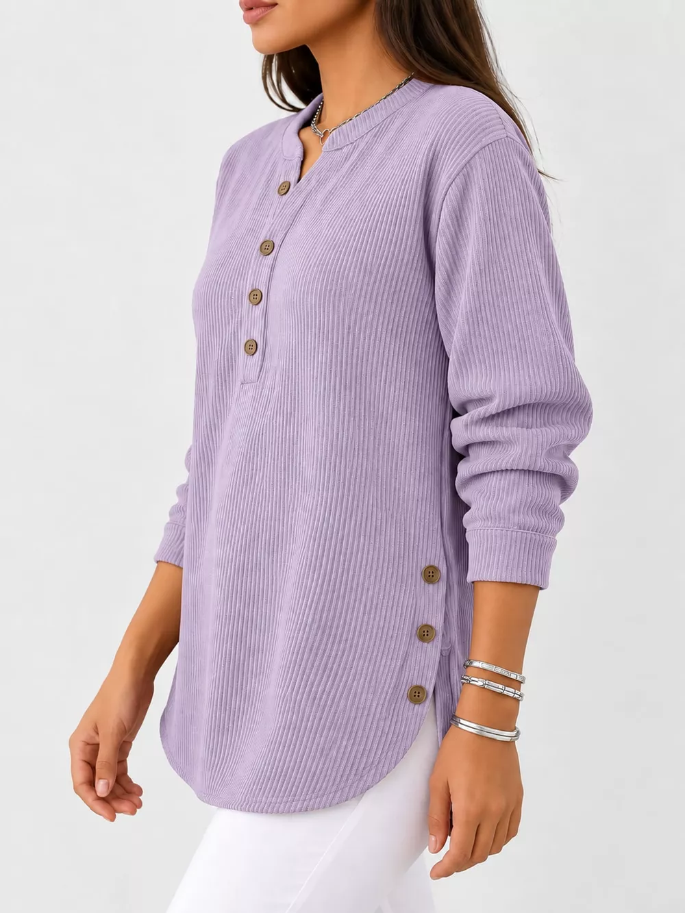 Full Size Button Detail Long Sleeve Top Plus Size, image 44