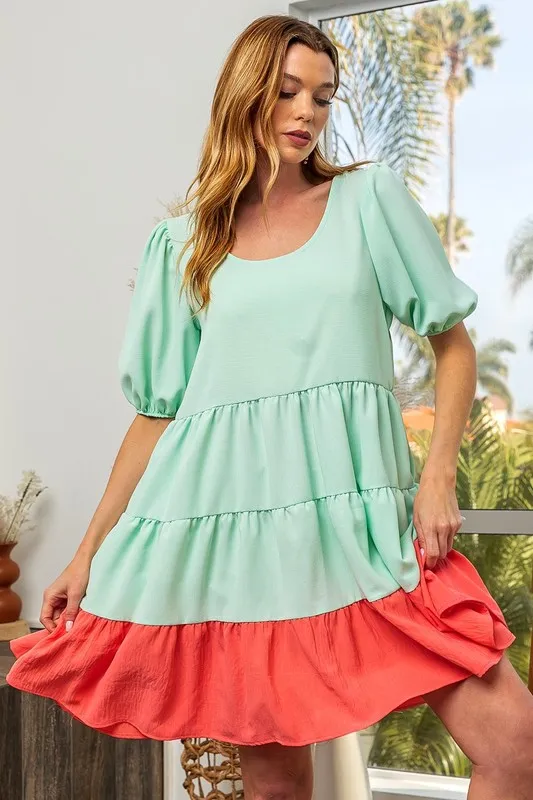 Two-Tone Balloon Sleeves U Neck Tiered Ruffle Hem Mini Dress, image 6