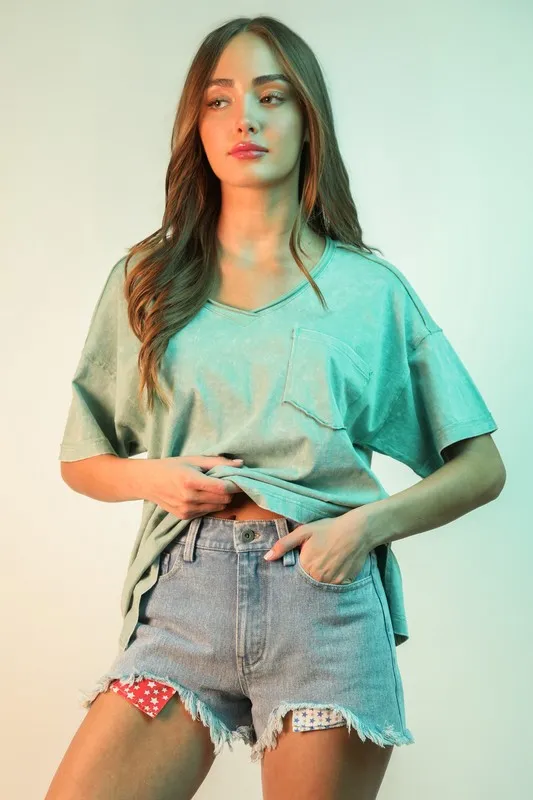 Raw Hem Pocketed Contrast Washed Denim Shorts, image 6