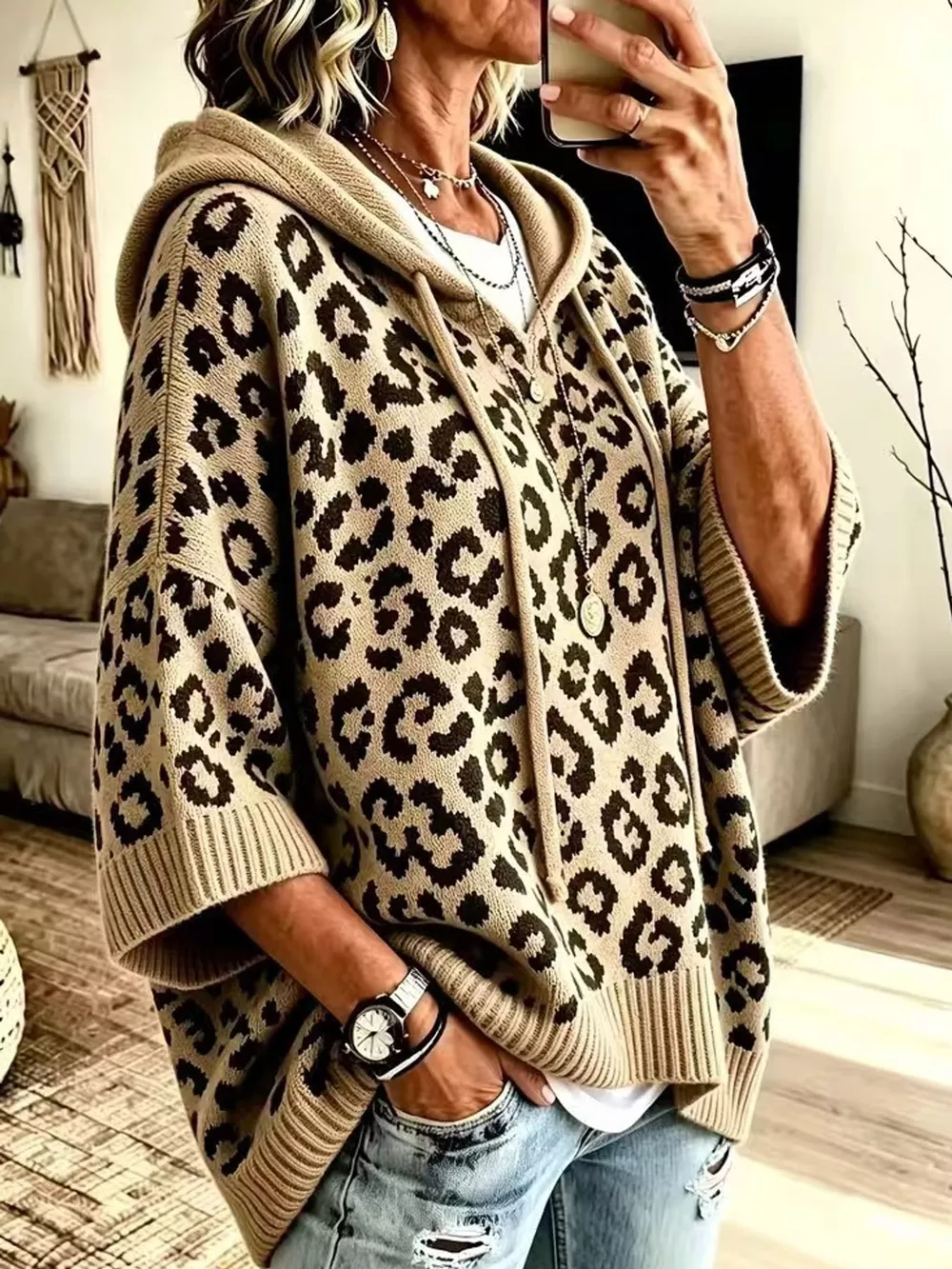 Full Size Leopard Print Hooded Knit Sweater Plus Size, image 15