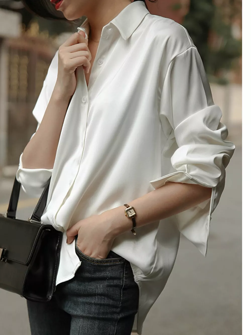 Satin Button-Down Long Sleeve Shirt, image 4