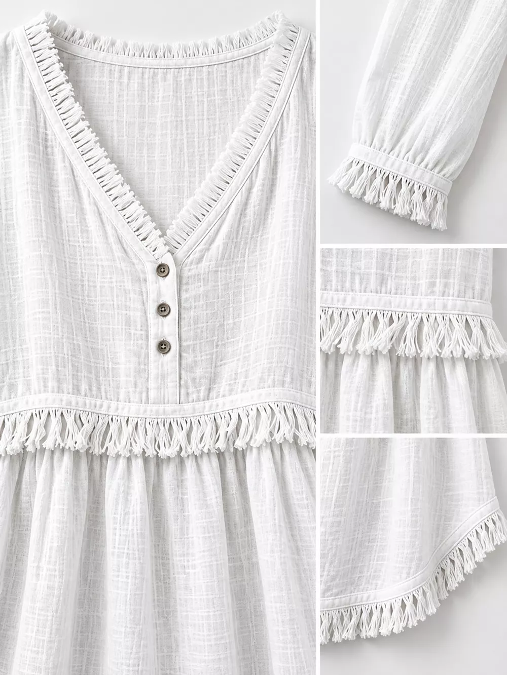Full Size Fringed Trim V-Neck Long Sleeve Blouse Plus Size, image 11