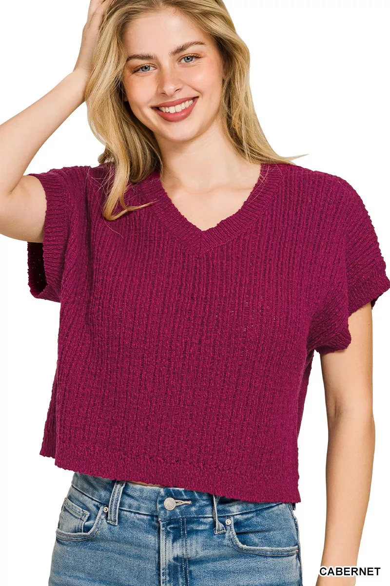 Textured Knit V-Neck Cropped Sweater