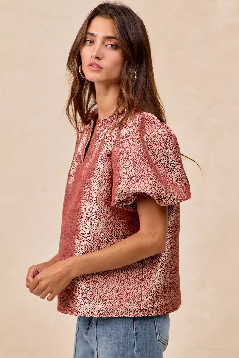 Jacquard Woven Short Balloon Sleeves V Neck Top, image 13