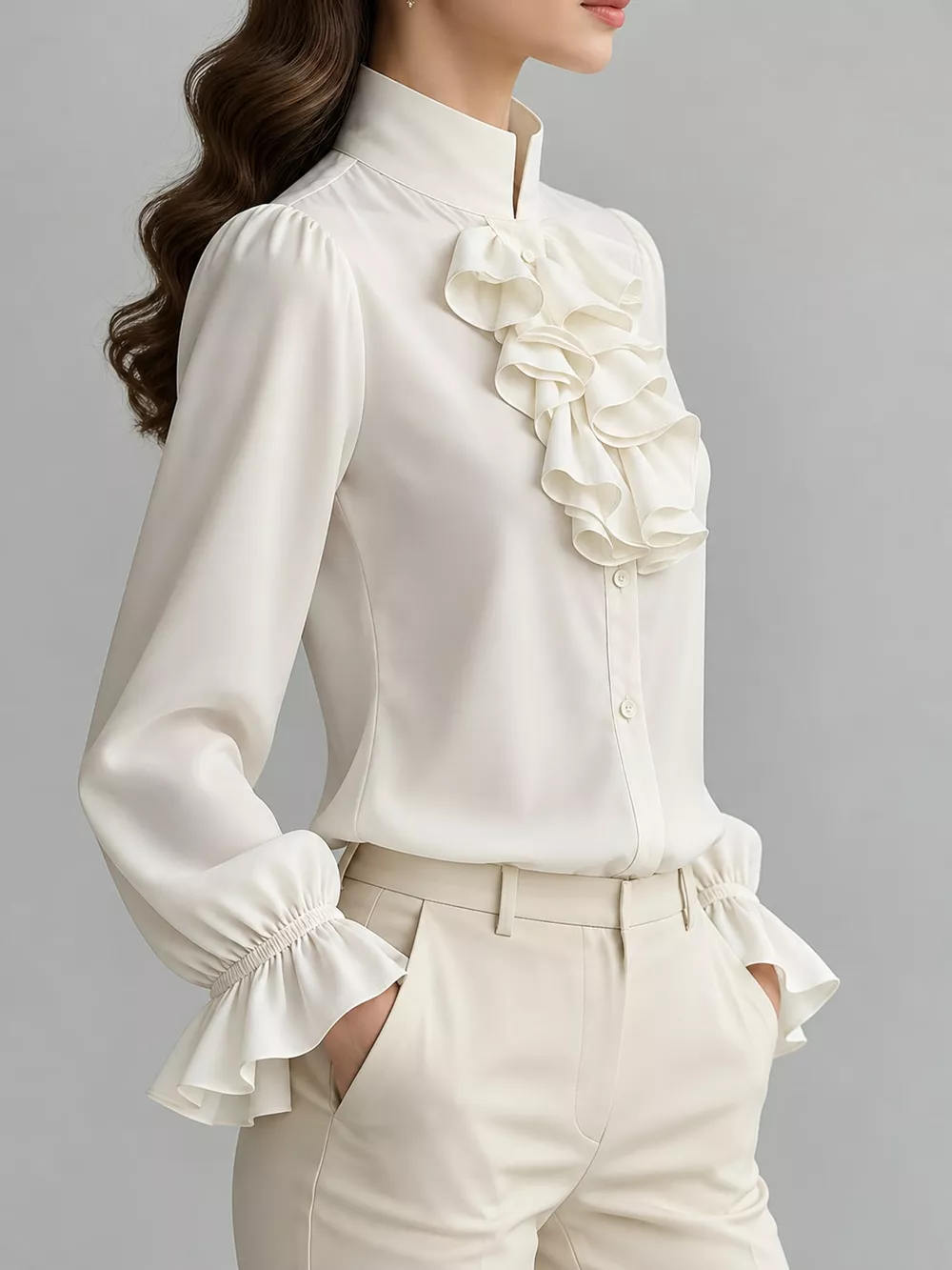 Ruffled Stand-Collar Blouse with Long Lantern Sleeves, image 4